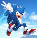  1boy :d absurdres animal_ears animal_nose blue_sky clouds electricity full_body furry furry_male gloves green_eyes highres isa-415810 jumping male_focus open_mouth shoes sky smile solo sonic_(series) sonic_heroes sonic_the_hedgehog sonic_the_hedgehog_2_(film) w white_gloves 