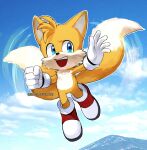  1boy :d absurdres blue_eyes blue_sky clouds flying fox_boy full_body furry furry_male gloves highres isa-415810 male_focus multiple_tails open_mouth shoes sky smile solo sonic_(series) sonic_heroes sonic_the_hedgehog_2_(film) tail tails_(sonic) two_tails white_gloves 
