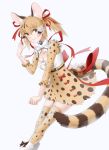  1girl animal_costume animal_ear_fluff animal_ears belt boots bow bowtie brown_eyes brown_hair cat_ears cat_girl cat_tail extra_ears highres kemono_friends kemono_friends_v_project kneehighs large-spotted_genet_(kemono_friends) long_hair looking_at_viewer losmal_indicus microphone multicolored_hair ribbon shirt simple_background skirt socks solo suspenders tail twintails virtual_youtuber 