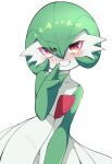  1girl absurdres blush colored_skin fewer_digits gardevoir green_hair grin hand_up highres looking_at_viewer oppaihobby pokemon pokemon_(creature) red_eyes simple_background smile solo white_background white_skin 