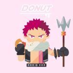  1boy arm_tattoo bangs belt belt_buckle black_gloves black_vest bracelet buckle charlotte_katakuri chest_tattoo chibi commentary cropped_torso crumbs doughnut english_commentary english_text food food_bite food_on_clothes forehead fur_collar gloves half-closed_eyes hands_up holding holding_food holding_trident jewelry looking_at_viewer male_focus minimalism no_lineart no_shirt one_piece open_clothes open_vest pink_background pink_eyes redhead sasamiman scar scar_on_face short_hair simple_background solo spiked_bracelet spikes stitches straight-on tattoo upper_body v-shaped_eyebrows vest 