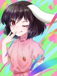  1girl ;p \||/ animal_ears black_hair dress highres inaba_tewi light_blush looking_at_viewer one_eye_closed pink_dress ptnnfudgbpkvn71 puffy_sleeves rabbit_ears red_eyes short_hair short_sleeves smile solo tongue tongue_out touhou upper_body 
