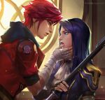  2girls arcane:_league_of_legends arcane_caitlyn arcane_vi bandaged_arm bandages blue_eyes blue_hair caitlyn_(league_of_legends) cdash817 commentary_request highres league_of_legends looking_at_another multiple_girls parted_lips redhead vi_(league_of_legends) yuri 