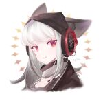  1girl animal_ear_fluff animal_ears arknights beanie black_headwear black_jacket commentary_request cropped_torso ears_through_headwear frostleaf_(arknights) grey_hair grey_shirt hat headphones highres jacket looking_at_viewer red_eyes shirt signature simple_background solo upper_body white_background xizi5139 