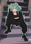  1girl aqua_eyes aqua_hair bead_necklace beads black_pants boots chewing_gum hassan_(sink916) hatsune_miku highres jewelry midriff navel necklace pants solo stairs twintails vocaloid 