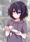  1girl black_hair glasses grey_hoodie highres holding holding_shoes hood hoodie levana_violette_(lusan666) lusan666 original price sandals shoes short_hair short_sleeves solo violet_eyes white_footwear 