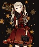  1girl 2018 :&lt; bag bangs black_background black_gloves black_ribbon blonde_hair box buttons buzz cowboy_shot double-breasted dress earrings gloves hair_ribbon hand_on_own_chin handbag happy_holidays holding holding_bag jewelry long_hair looking_at_viewer necklace original red_dress red_ribbon ribbon sleeves_past_elbows snowflake_background solo twintails violet_eyes 