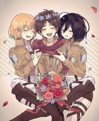  1girl 2boys ^_^ aizawa_mota armin_arlert black_hair blonde_hair blush boots brown_hair closed_eyes closed_eyes eren_yeager flower happy highres mikasa_ackerman multiple_boys ribbon scarf shingeki_no_kyojin short_hair uniform 