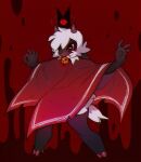  1girl absurdres animal_ears bangs bell black_skin cape colored_skin crown cult_of_the_lamb full_body furry furry_female glacier_clear hands_up highres horns looking_at_viewer neck_bell red_background red_cape red_crown_(cult_of_the_lamb) red_eyes sheep_girl short_hair solo the_lamb_(cult_of_the_lamb) two-tone_background white_hair 