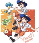  1boy 1girl :d bangs blue_headwear braid brown_eyes brown_footwear brown_hair closed_mouth commentary_request copyright_name florian_(pokemon) fuecoco happy hat highres holding holding_poke_ball juliana_(pokemon) necktie open_mouth orange_necktie orange_shorts poke_ball poke_ball_(basic) pokemon pokemon_(creature) pokemon_(game) pokemon_sv quaxly shirt shoes short_hair short_sleeves shorts smile socks sprigatito starter_pokemon_trio sutokame tongue white_socks 