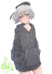  1girl alternate_costume beret black_headwear blue_eyes cowboy_shot grey_hair grey_sweater hands_in_pockets hat highres hood hooded_sweater hoodie kantai_collection lanthan looking_at_viewer one-hour_drawing_challenge short_hair simple_background solo sweater white_background z1_leberecht_maass_(kancolle) 