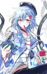  1boy arknights black_headwear black_pants blue_hair blue_jacket blush bracelet bubble_blowing bubble_tea cup disposable_cup highres hikarupig infection_monitor_(arknights) jacket jewelry male_focus mizuki_(arknights) pants pink_eyes shirt short_hair_with_long_locks solo white_shirt 