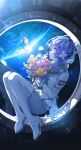  1girl bangs earth_(planet) floating flower from_side fuzichoco hair_flower hair_ornament highres holding holding_flower original planet purple_hair shadow short_hair solo space spacecraft_interior spacesuit star_(sky) window 