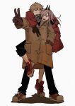 1boy 1girl absurdres arm_around_neck black_pants blonde_hair chainsaw_man coat denji_(chainsaw_man) duffel_coat gloves hair_over_one_eye hand_in_pocket highres hood hoodie horns leg_up long_hair looking_at_viewer open_mouth pants pants_rolled_up pink_hair plaid plaid_scarf power_(chainsaw_man) red_hoodie scarf sharp_teeth short_hair simple_background smile snot tasuketemama teeth v white_background winter_clothes 