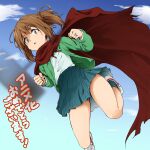  1girl asahina_samidare brown_eyes brown_hair cape clouds full_body highres hoshi_no_samidare jewelry kagiana long_hair looking_at_viewer open_mouth pleated_skirt ponytail red_cape ring school_uniform skirt solo 