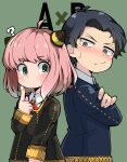  1boy 1girl ? absurdres ahoge anya_(spy_x_family) bangs black_hair blush child closed_mouth damian_desmond eden_academy_uniform female_child green_eyes hairpods highres long_sleeves looking_at_another male_child medium_hair parted_bangs pink_hair school_uniform shinonome_mozuku spy_x_family yellow_eyes 