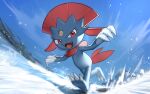  =_(9_yawbus) blurry claws commentary_request day eyelashes fangs full_body highres legs_apart looking_at_viewer no_humans open_mouth outdoors pokemon pokemon_(creature) red_eyes running sky snow solo standing tongue weavile 