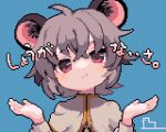  1girl ahiru_tokotoko animal_ears blue_background blush capelet closed_mouth grey_capelet grey_hair hair_between_eyes highres long_sleeves looking_at_viewer mouse_ears nazrin pixel_art portrait red_eyes short_hair simple_background solo touhou 