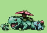  absurdres animal_focus blacknirrow bulbasaur character_name closed_mouth commentary english_commentary english_text evolutionary_line fangs fangs_out flower from_side full_body green_background green_theme highres horizontal_pupils ivysaur no_humans open_mouth pink_flower pokedex_number pokemon pokemon_(creature) realistic red_eyes sharp_teeth sketch slit_pupils standing teeth venusaur 