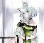  1girl animal_ear_fluff animal_ears arknights bad_anatomy bangs blurry blurry_background blurry_foreground closed_mouth collar collarbone crossed_legs dress green_dress green_eyes hair_between_eyes hand_on_own_face hand_on_own_thigh head_tilt highres kal&#039;tsit_(arknights) light_blush long_sleeves looking_at_viewer lynx_ears medium_hair off-shoulder_dress off_shoulder oripathy_lesion_(arknights) s_4ik4 see-through sitting solo watch watch white_hair window 