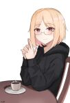 1girl absurdres artist_name black_jacket blonde_hair breasts brown_eyes chair coffee coffee_cup commission cup disposable_cup gamryous girls_frontline glasses highres hood hood_down jacket long_sleeves looking_at_viewer mp40_(girls&#039;_frontline) non-web_source own_hands_clasped own_hands_together plate short_hair simple_background smile table 