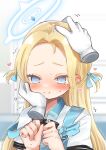  1girl 1other @_@ apron blonde_hair blue_apron blue_archive blush clenched_hands ear_blush forehead full-face_blush hair_ribbon halo hand_on_another&#039;s_cheek hand_on_another&#039;s_face headpat heart highres light_smile long_hair looking_down namekuji_(namekuzu) pov pov_hands ribbon sora_(blue_archive) straight_hair sweatdrop trembling upper_body very_long_hair 