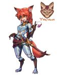  1girl animal_ears armor bangs breastplate breasts colored_skin earrings fox_ears fox_girl fox_tail freckles full_body grey_background hand_up highres jewelry large_breasts long_hair looking_at_viewer multicolored_skin orange_hair original phantom_ix_row sheath sheathed shoulder_plates simple_background solo standing sword tail two-tone_skin weapon 
