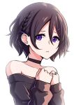  1girl bare_shoulders black_sweater brown_hair closed_mouth collar hair_between_eyes hair_ornament hairclip highres levana_violette_(lusan666) lusan666 off_shoulder original short_hair solo sweater violet_eyes white_background 