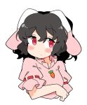  1girl animal_ears black_hair blush carrot_necklace closed_mouth dress frilled_sleeves frills hair_between_eyes inaba_tewi ini_(inunabe00) jewelry necklace pink_dress rabbit_ears red_eyes short_hair short_sleeves simple_background solo touhou upper_body white_background 