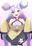 bow-shaped_hair character_hair_ornament grey_pantyhose hair_ornament hexagon_print highres iono_(pokemon) jacket long_hair low-tied_long_hair oversized_clothes pantyhose pokemon sharp_teeth single_leg_pantyhose sleeves_past_fingers sleeves_past_wrists tattuuy teeth twintails very_long_sleeves x yellow_jacket