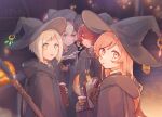  2boys 2girls black_headwear black_robe blue_eyes blurry blurry_background book bookmark commentary feathers flower_(vocaloid) flower_(vocaloid4) from_side fukase green_eyes halloween hat heterochromia highres holding holding_book hooded_robe jack-o&#039;-lantern long_hair looking_at_viewer looking_to_the_side mi_no_take multicolored_hair multiple_boys multiple_girls night parted_lips pink_hair purple_hair red_eyes redhead robe sf-a2_miki staff streaked_hair symbol-only_commentary utatane_piko vocaloid white_hair witch witch_hat yellow_eyes 