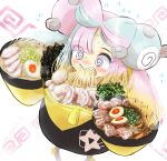  1girl @_@ bow-shaped_hair bowl character_hair_ornament eating food h_renah hair_ornament hexagon_print highres iono_(pokemon) jacket noodles oversized_clothes pokemon pokemon_(game) pokemon_sv ramen sharp_teeth sleeves_past_fingers sleeves_past_wrists solo teeth yellow_jacket 