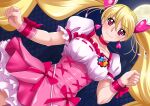  1girl black_background blonde_hair breasts choker clover_ornament collarbone cure_peach dress dutch_angle earrings fresh_precure! hair_between_eyes hair_ornament heart heart_earrings heart_hair_ornament highres jewelry medium_breasts momozono_love pink_choker pink_dress pink_eyes precure puffy_short_sleeves puffy_sleeves short_sleeves smile twintails wavelevel5 