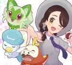  1girl ;d bangs braid breast_pocket brown_eyes brown_hair commentary_request eyelashes fuecoco grey_headwear grey_shirt happy haru_(haruxxe) hat holding holding_poke_ball juliana_(pokemon) necktie one_eye_closed open_mouth outstretched_arm pocket poke_ball poke_ball_(basic) pokemon pokemon_(game) pokemon_sv purple_necktie quaxly shirt short_sleeves smile spread_fingers sprigatito starter_pokemon_trio tongue upper_body 
