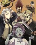  2girls 3boys a_nightmare_on_elm_street animal belt black_shirt blonde_hair blood blood_on_face chainsaw child&#039;s_play chucky chucky_(cosplay) collared_shirt cosplay dorohedoro ear_piercing earrings ebisu_(dorohedoro) en_(dorohedoro) fedora freddy_krueger freddy_krueger_(cosplay) friday_the_13th fujita_(dorohedoro) hannibal_lecter hannibal_lecter_(cosplay) hat highres hockey_mask holding holding_animal holding_chainsaw holding_weapon jason_voorhees jason_voorhees_(cosplay) jewelry kikurage_(dorohedoro) leatherface leatherface_(cosplay) machete mask multicolored_hair multiple_boys multiple_girls necktie noi_(dorohedoro) open_mouth orange_background osakanaotoko overalls piercing purple_hair red_eyes redhead shin_(dorohedoro) shirt simple_background straitjacket the_silence_of_the_lambs the_texas_chainsaw_massacre two-tone_hair weapon white_shirt 