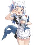  1girl :d absurdres alternate_costume animal_ears bangs bloop_(gawr_gura) blue_eyes blue_hair blunt_bangs blush cat_ears character_doll enmaided fish_tail garter_straps gawr_gura highres hololive hololive_english hug long_hair looking_at_viewer ludo0109 maid multicolored_hair open_mouth ponytail shark_tail sharp_teeth simple_background smile solo stuffed_toy tail teeth two-tone_hair virtual_youtuber w white_background white_hair wrist_cuffs 
