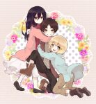  1girl 2boys aizawa_mota armin_arlert black_hair blonde_hair blue_eyes boots brown_hair child dress eren_yeager flower grin happy hug long_hair mikasa_ackerman multiple_boys open_mouth pants scarf shingeki_no_kyojin short_hair smile yellow_eyes 