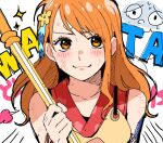  1girl armor bandaid bandaid_on_face bandaid_on_forehead blush bruise chiya_op clima-tact collarbone hair_ornament holding holding_weapon injury japanese_armor japanese_clothes kimono long_hair looking_at_viewer nami_(one_piece) one_piece orange_eyes orange_hair red_kimono sparkle upper_body weapon zeus_(one_piece) 