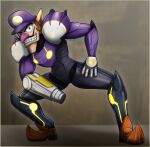  1boy adapted_costume arm_cannon commentary cosplay english_commentary facial_hair full_body grin hat highres long_nose male_focus metroid mustache otakuap pointy_ears pointy_footwear power_suit_(metroid) samus_aran samus_aran_(cosplay) signature smile solo squatting super_mario_bros. waluigi weapon 