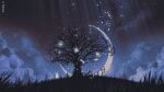  1other ambiguous_gender bare_tree clouds commentary crescent_moon english_commentary grass highres hill long_hair moon night night_sky original outdoors pine_tree purple_sky reinforced signature sky star_(sky) star_(symbol) tree 