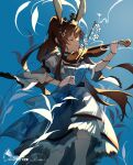  1girl absurdres amiya_(arknights) animal_ears arknights blue_background brown_hair closed_eyes closed_mouth commentary_request dated dress facing_viewer feet_out_of_frame highres holding holding_instrument instrument long_hair long_sleeves music playing_instrument ponytail puffy_long_sleeves puffy_sleeves rabbit_ears signature solo standing thigh-highs tiara very_long_hair violin white_dress white_thighhighs wide_sleeves zizizilang 