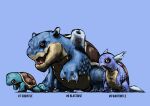  absurdres animal_focus black_sclera blacknirrow blastoise blue_background blue_theme brown_eyes character_name claws closed_mouth colored_sclera commentary english_commentary english_text evolutionary_line from_side full_body head_wings highres leg_up no_humans open_mouth pokedex_number pokemon pokemon_(creature) realistic red_eyes sharp_teeth shell sketch squirtle standing teeth turtle wartortle 