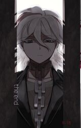  1boy absurdres bangs black_jacket blue-bell chain collar commentary_request danganronpa_(series) danganronpa_another_episode:_ultra_despair_girls frown grey_eyes grey_hair hair_between_eyes highres jacket komaeda_nagito looking_at_viewer male_focus metal_collar official_alternate_costume servant_(danganronpa) shirt solo striped striped_shirt upper_body 