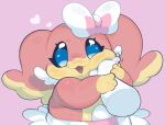 :3 archived_source audino blue_eyes bow furry furry_female hair_bow heart heart_in_eye ligma_(drawfag) looking_at_viewer pink_background pokemon pokemon_(creature) pov pov_hands simple_background smile symbol_in_eye 