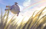  =_(9_yawbus) ^_^ blurry closed_eyes clouds commentary_request day floating from_below grass highres magnemite no_humans outdoors pokemon pokemon_(creature) rainbow screw sky solo wet 