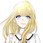  1girl absurdres bangs blonde_hair blue_eyes carole_&amp;_tuesday crying crying_with_eyes_open freckles highres looking_at_viewer nanashevel simple_background smile solo tears tuesday_simmons upper_body white_background 