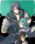  1boy 1girl bangs black_bra black_gloves bra chest_jewel closed_mouth coat eyepatch fingerless_gloves glasses gloves green_background green_eyes green_hair grey_coat grey_eyes grey_hair jacket looking_at_viewer pandoria_(xenoblade) parted_lips pointy_ears purple_jacket robaco short_hair sketch tail underwear upper_body xenoblade_chronicles_(series) xenoblade_chronicles_2 zeke_von_genbu_(xenoblade) 