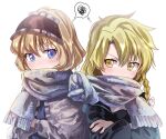  2girls alice_margatroid blonde_hair blue_dress blue_eyes blush braid capelet commentary_request crossed_arms dress furrowed_brow hairband hat hat_removed headwear_removed highres kirisame_marisa long_hair looking_at_another menta multiple_girls scarf short_hair simple_background single_braid thought_bubble touhou white_background yellow_eyes yuri 