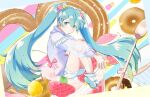  1girl agonasubi aqua_eyes aqua_hair blue_ribbon blue_shirt candy candy_hair_ornament commentary cream doughnut drinking_straw food food-themed_hair_ornament from_side full_body hair_ornament hair_ribbon hairclip hatsune_miku high_heels knees_up lollipop long_hair looking_at_viewer mint own_hands_together pout ribbon see-through see-through_sleeves shirt shorts sitting slippers socks solo spoon star_(symbol) sweets twintails v-shaped_eyebrows very_long_hair vocaloid waffle white_shorts white_socks 