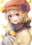  1girl aki_minoriko blonde_hair blush brown_scarf food fruit fruit_hat_ornament grape_hat_ornament grapes hat hat_ornament highres holding holding_food long_sleeves open_mouth red_eyes red_headwear scarf shironeko_yuuki short_hair smile solo sweet_potato touhou upper_body 